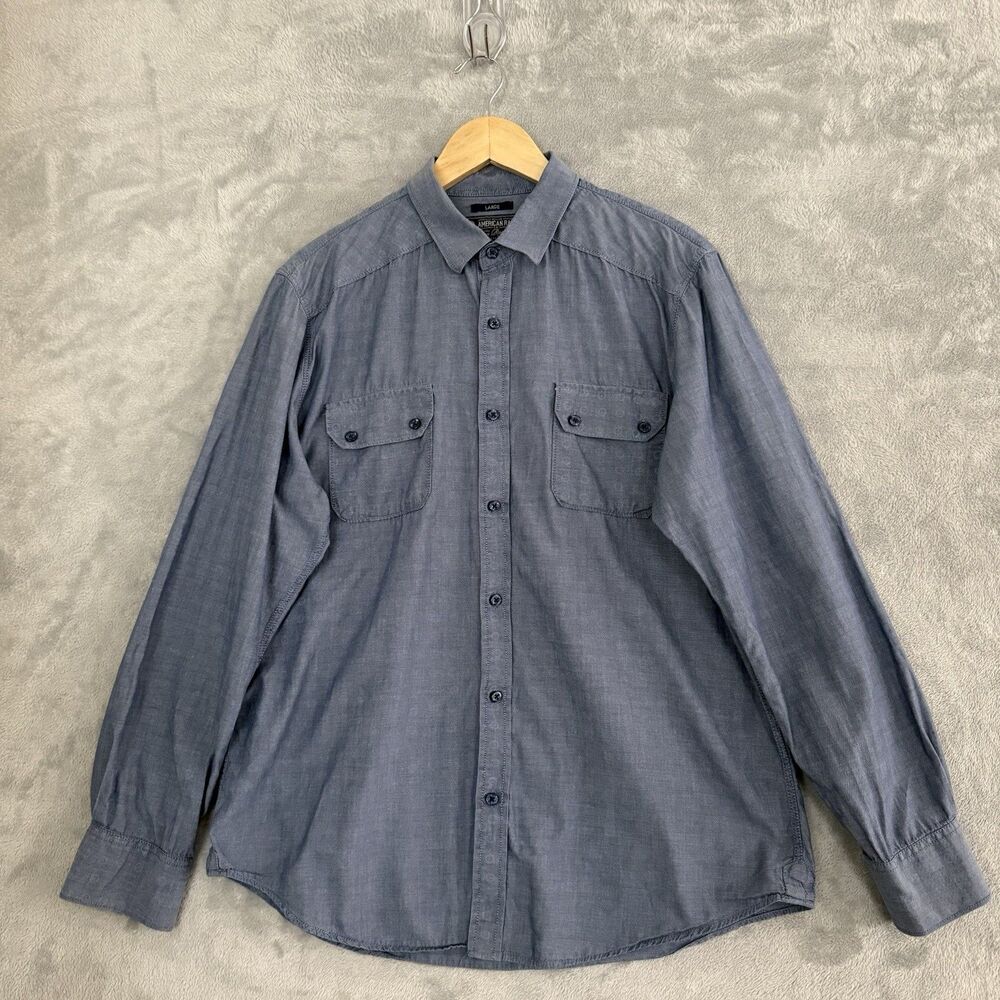 American Rag Shirt Mens L Blue Stripe Button Up 2 Pocket Cotton Long Sleeve